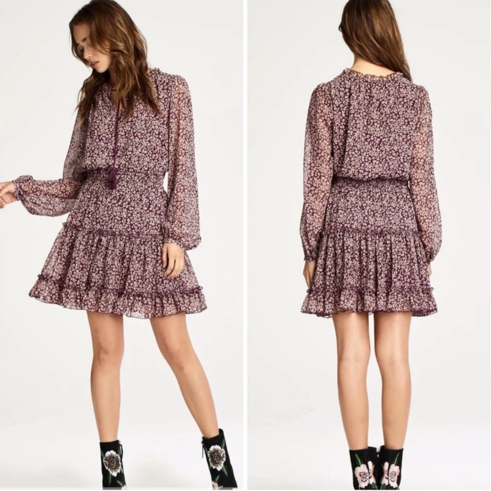 Rebecca Minkoff Rosemary Wine Leopard Print Flutter Tiered Long Sleeve Mini Sz S